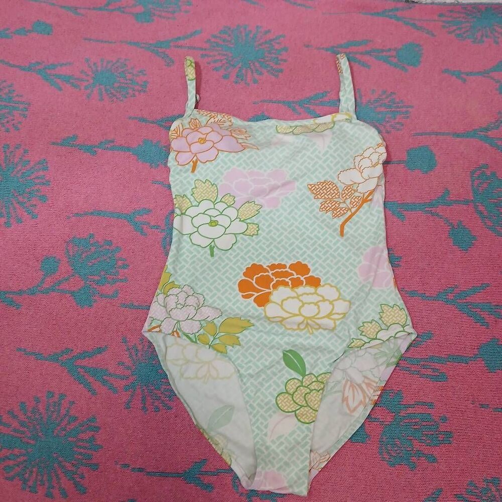 Manuel canovas Paris womens size 6 square neck one piece swimsuit green orange